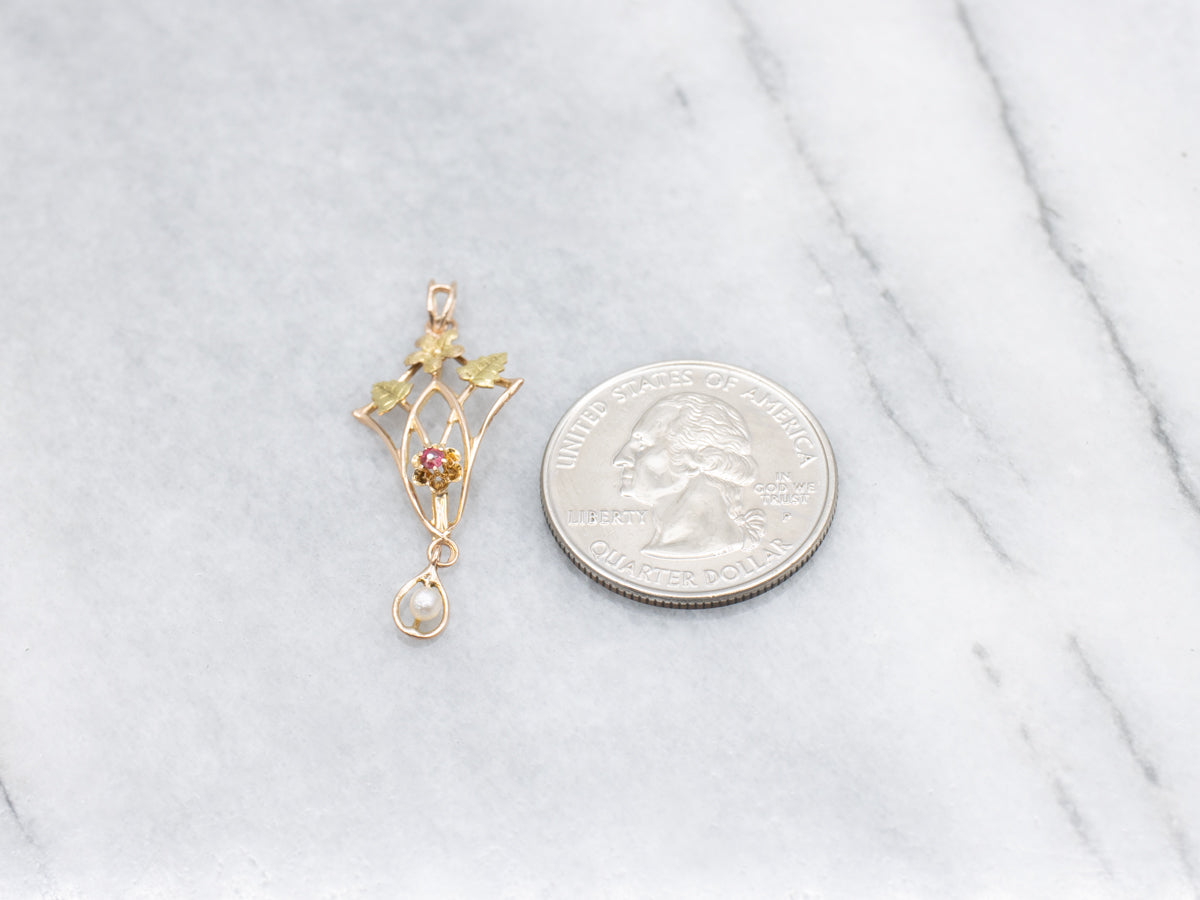 Botanical Ruby Doublet and Pearl Antique Lavalier Pendant