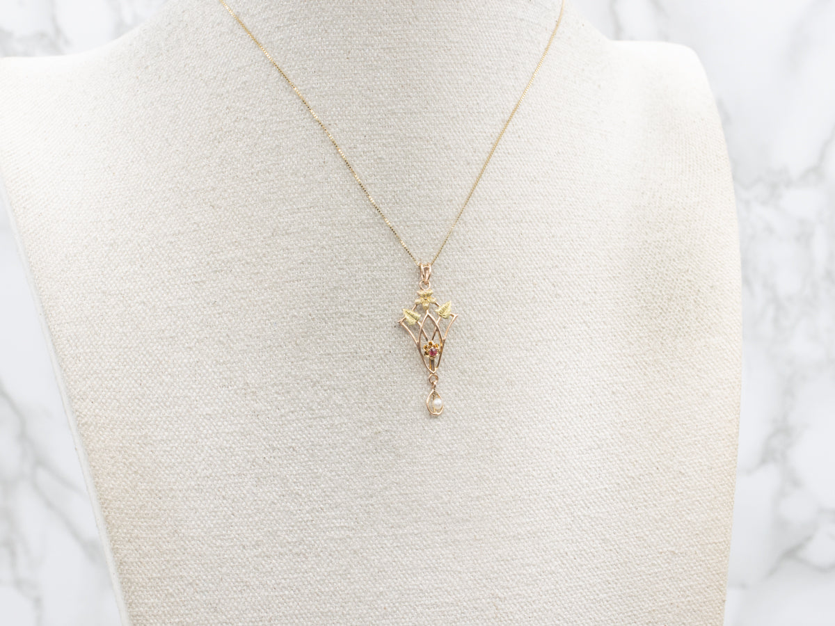 Botanical Ruby Doublet and Pearl Antique Lavalier Pendant