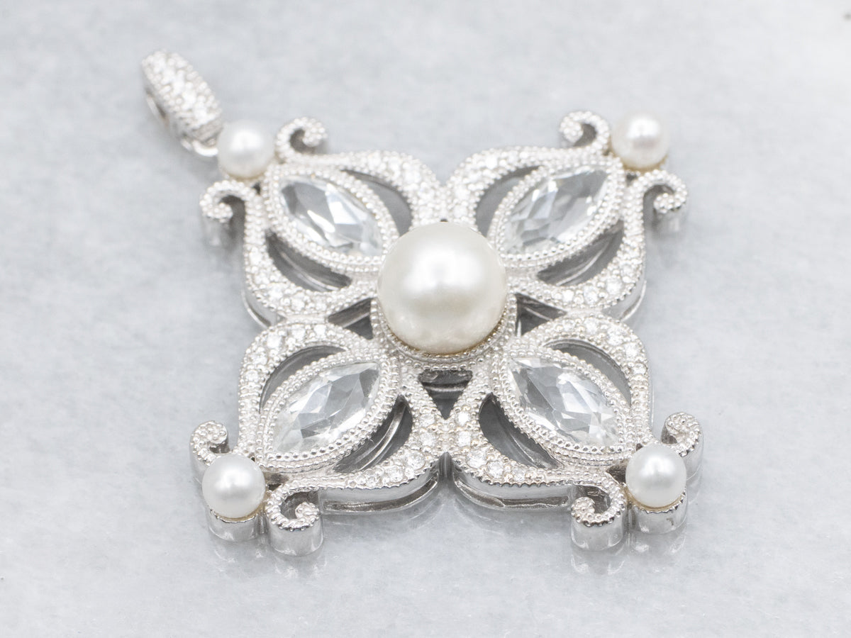 Ornate White Topaz and Pearl White Gold Pendant with Diamond Accents