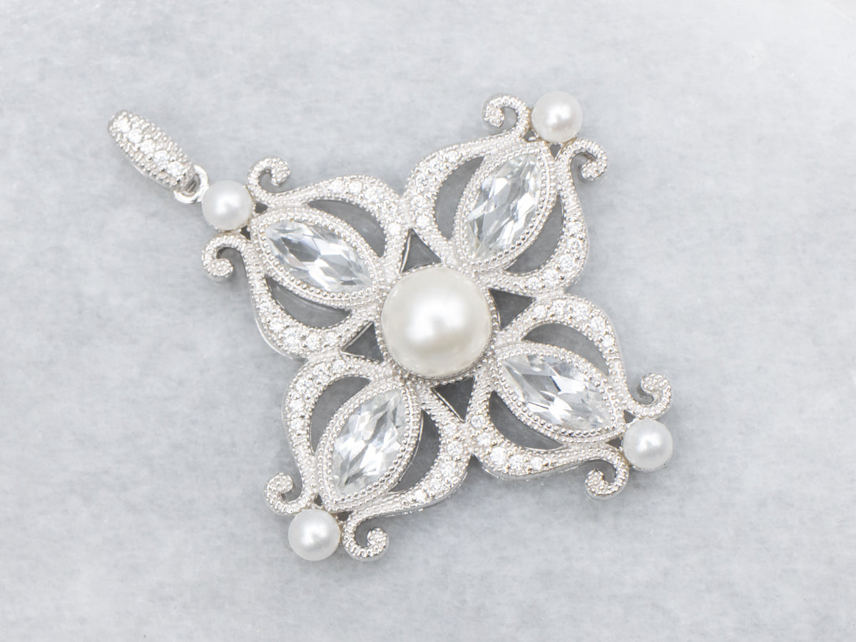Ornate White Topaz and Pearl White Gold Pendant with Diamond Accents