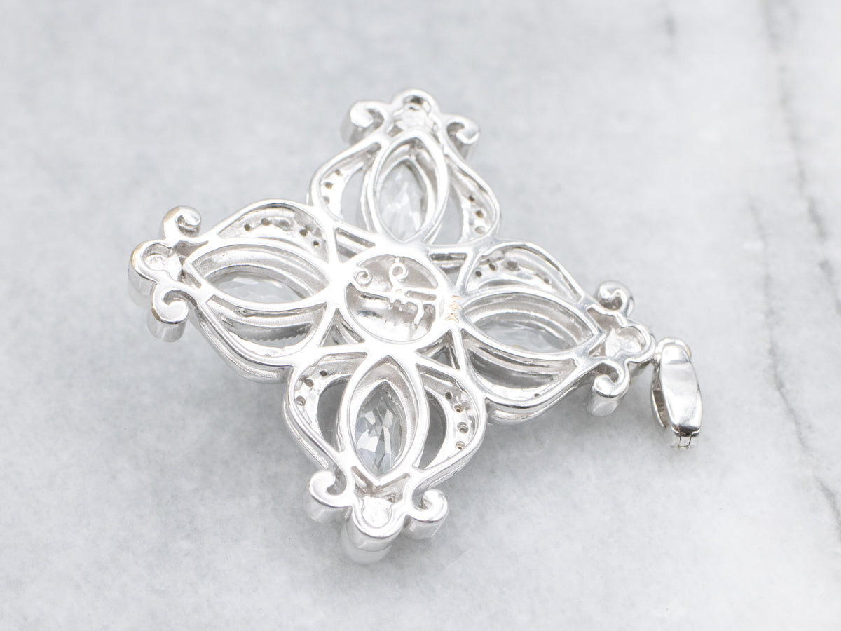 Ornate White Topaz and Pearl White Gold Pendant with Diamond Accents