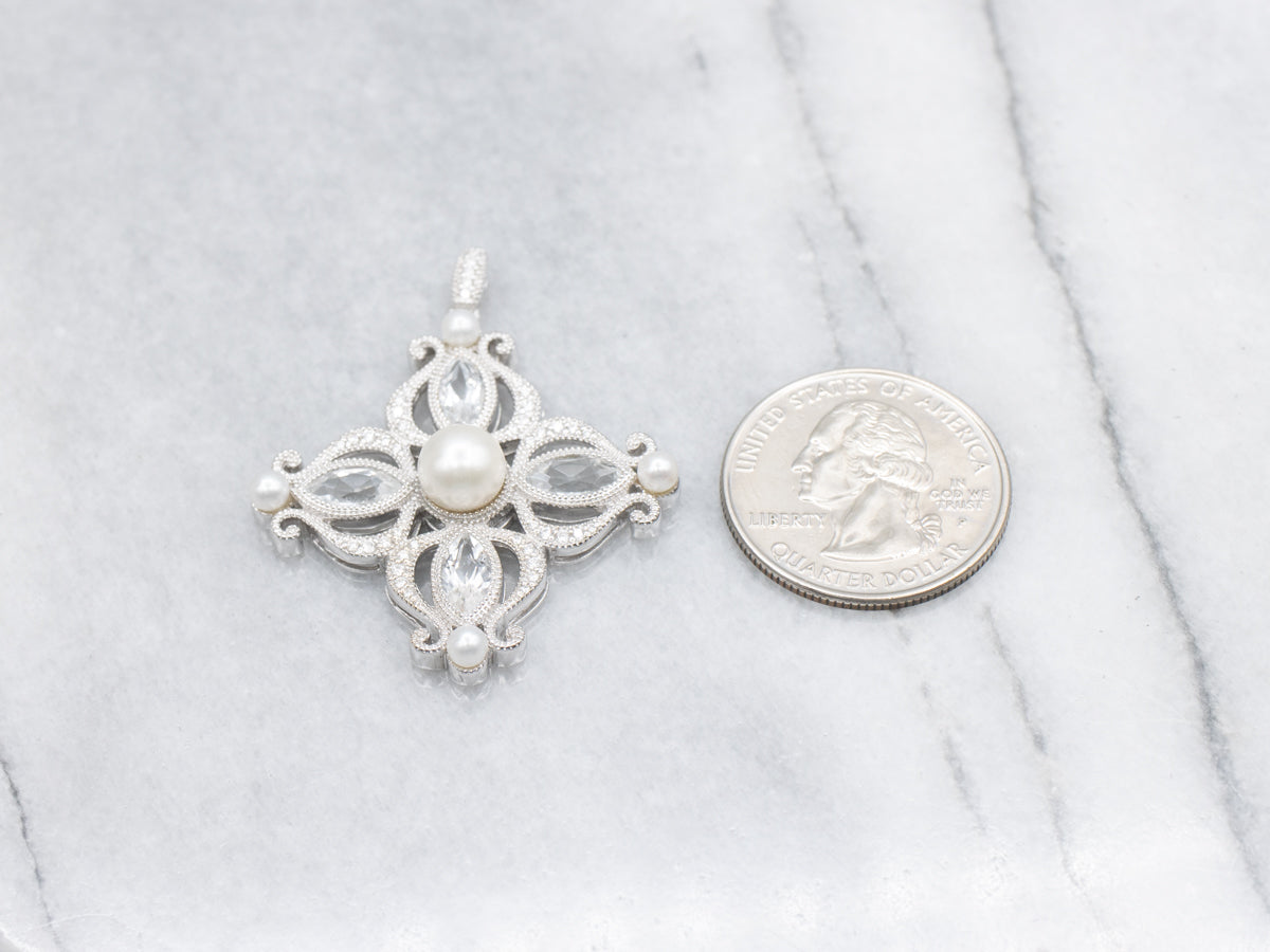 Ornate White Topaz and Pearl White Gold Pendant with Diamond Accents
