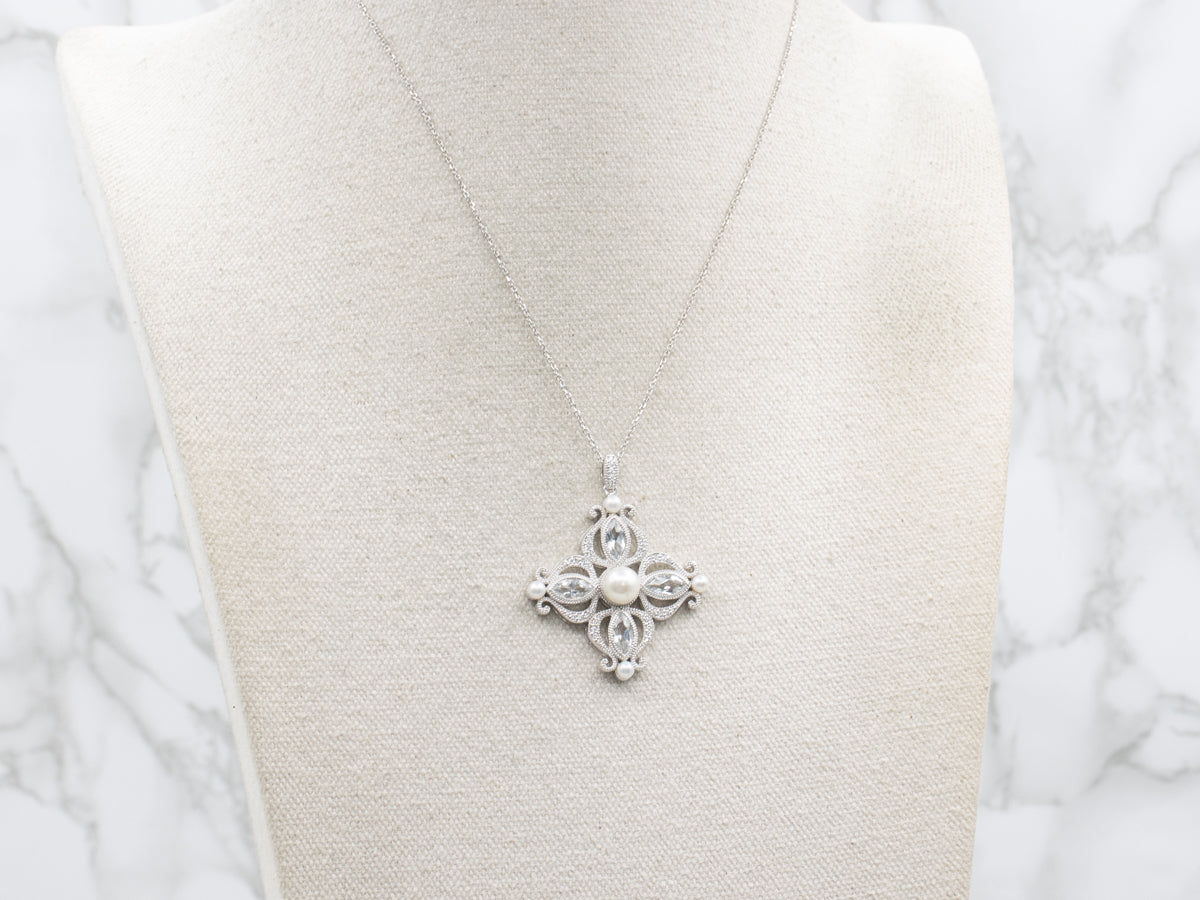 Ornate White Topaz and Pearl White Gold Pendant with Diamond Accents