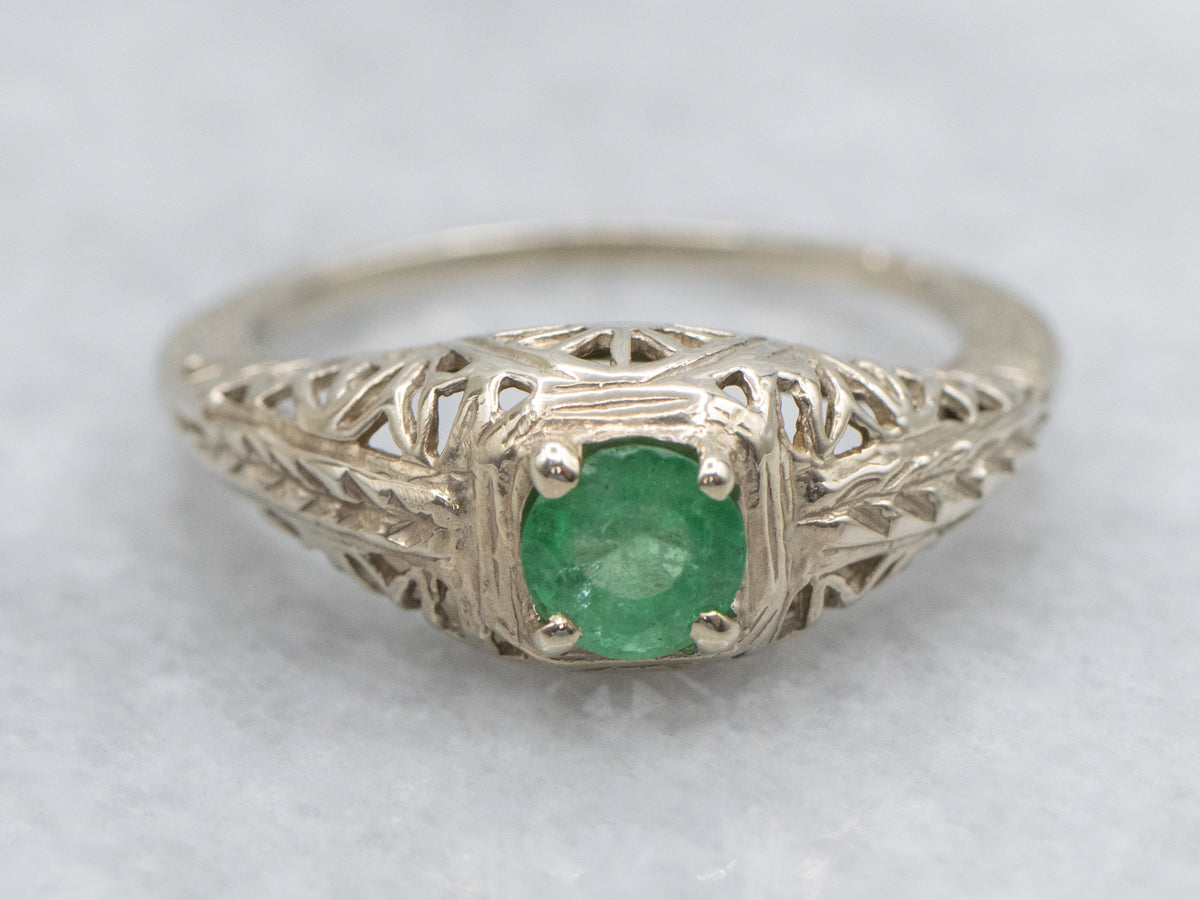 Art Deco Era Emerald Solitaire Filigree Ring