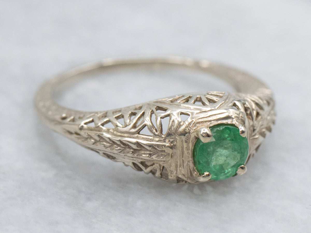 Art Deco Era Emerald Solitaire Filigree Ring