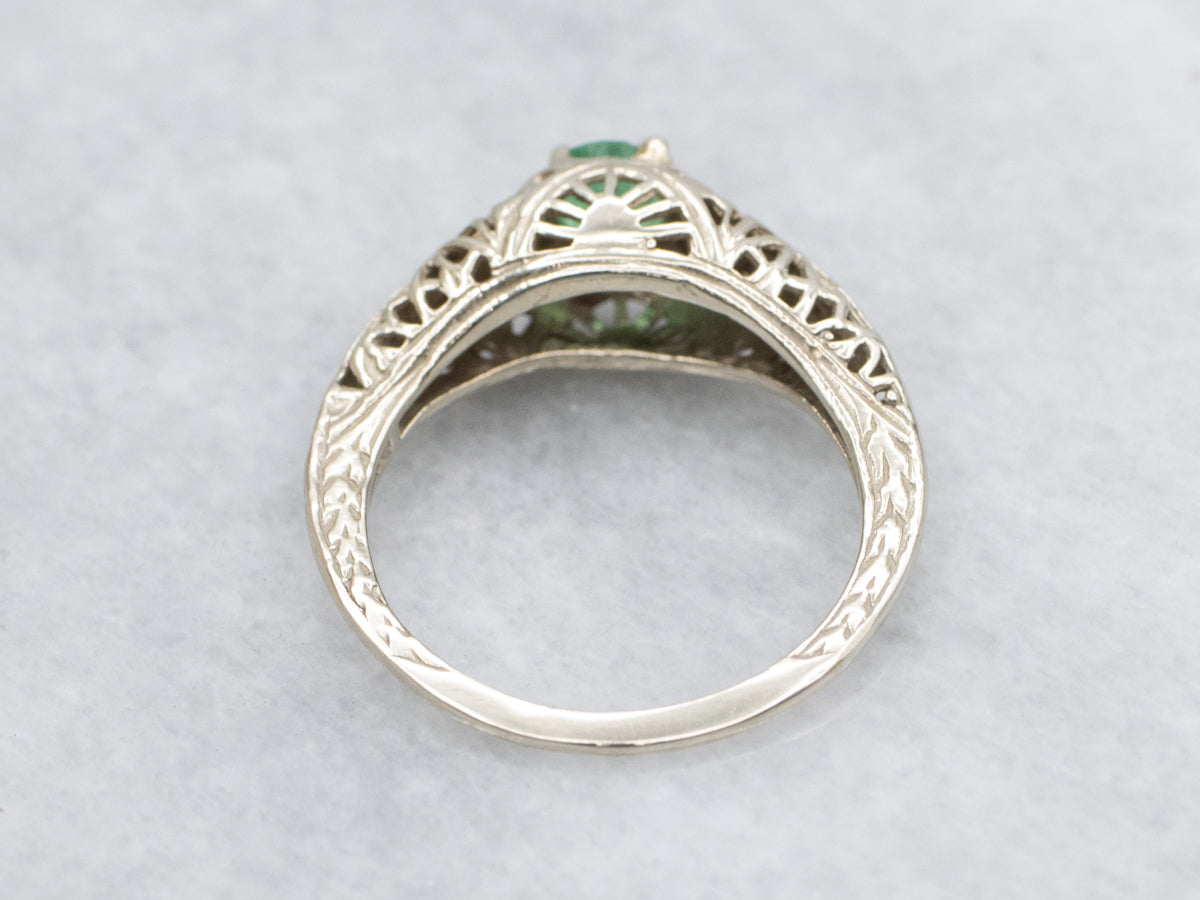 Art Deco Era Emerald Solitaire Filigree Ring