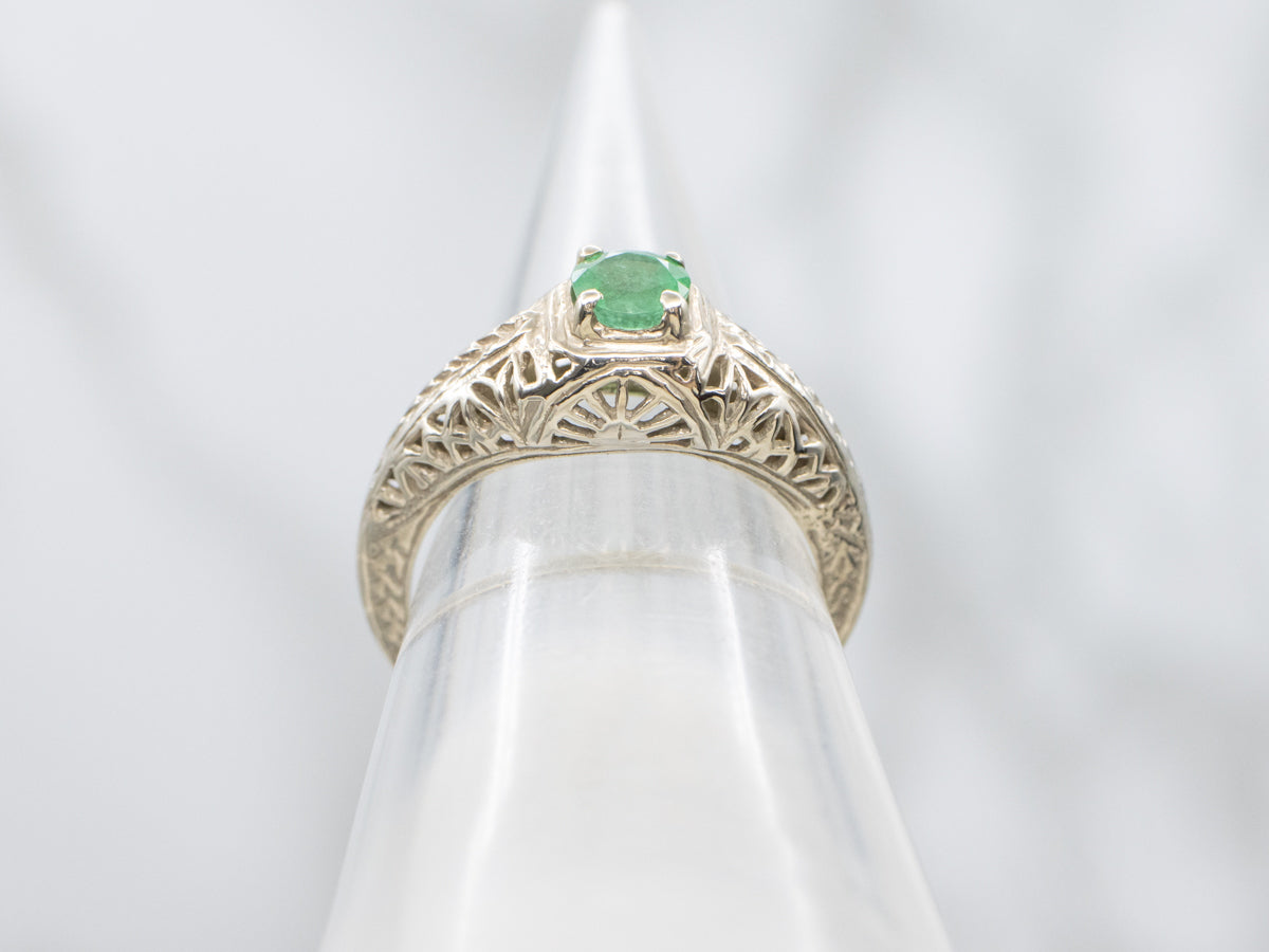 Art Deco Era Emerald Solitaire Filigree Ring