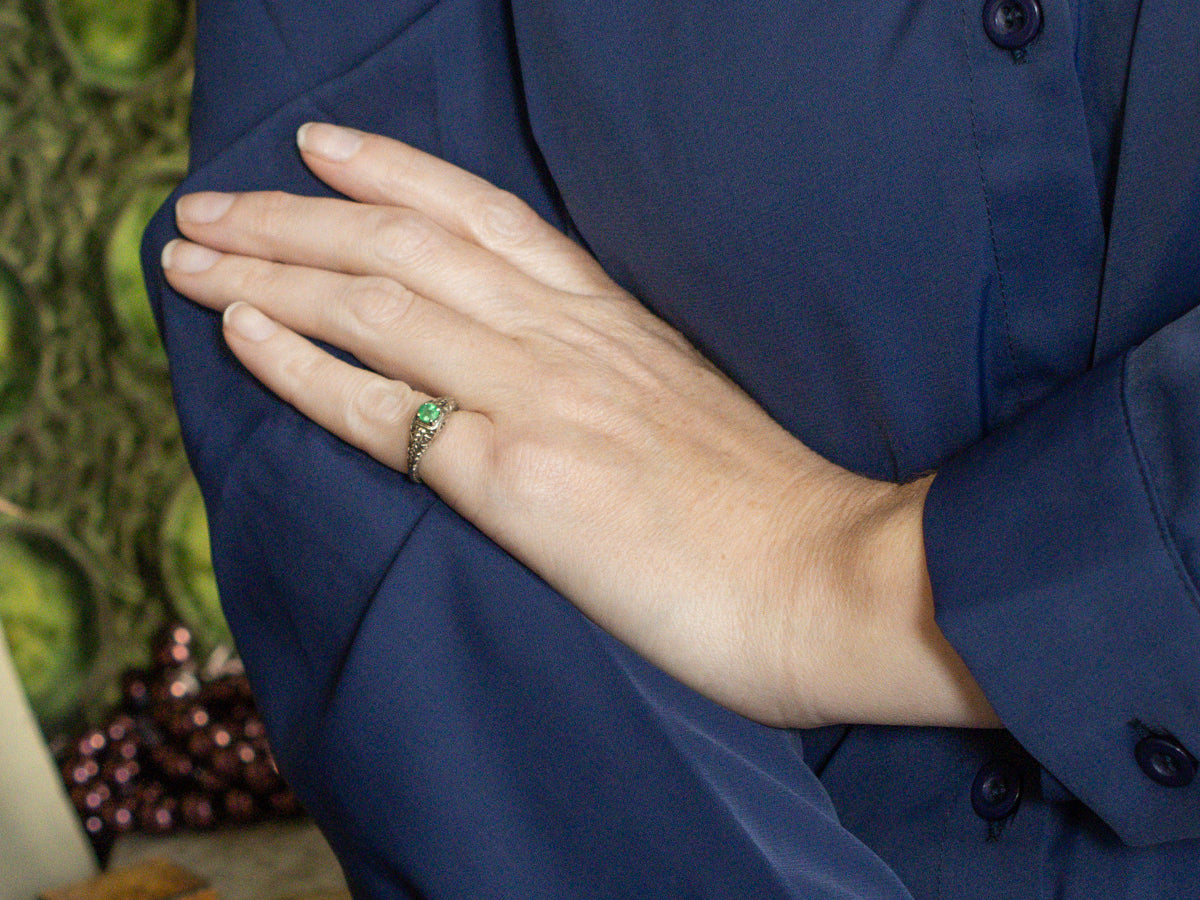 Art Deco Era Emerald Solitaire Filigree Ring