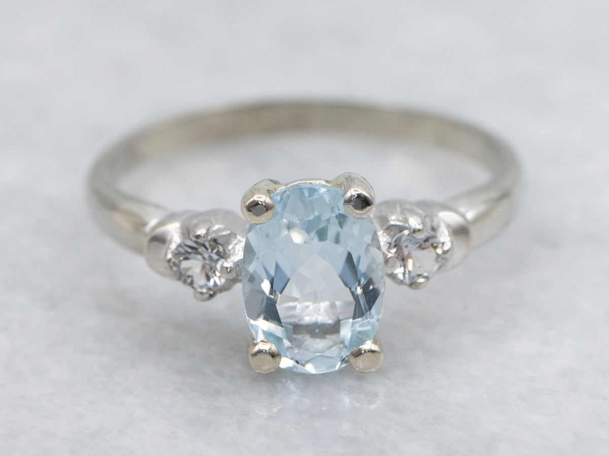 Aquamarine and White Spinel Three Stone Ring