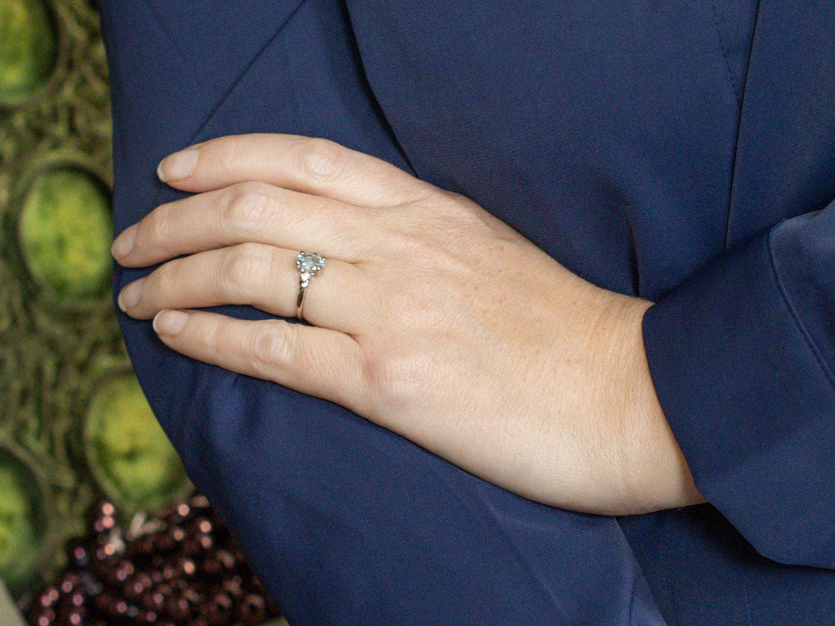Aquamarine and White Spinel Three Stone Ring