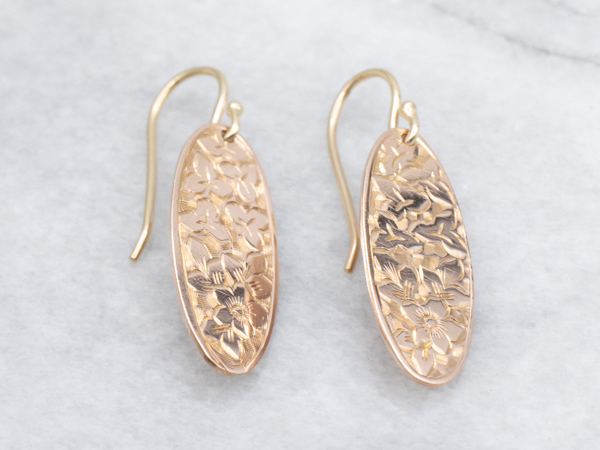 Antique Rose Gold Floral Engraved Drop Earrings