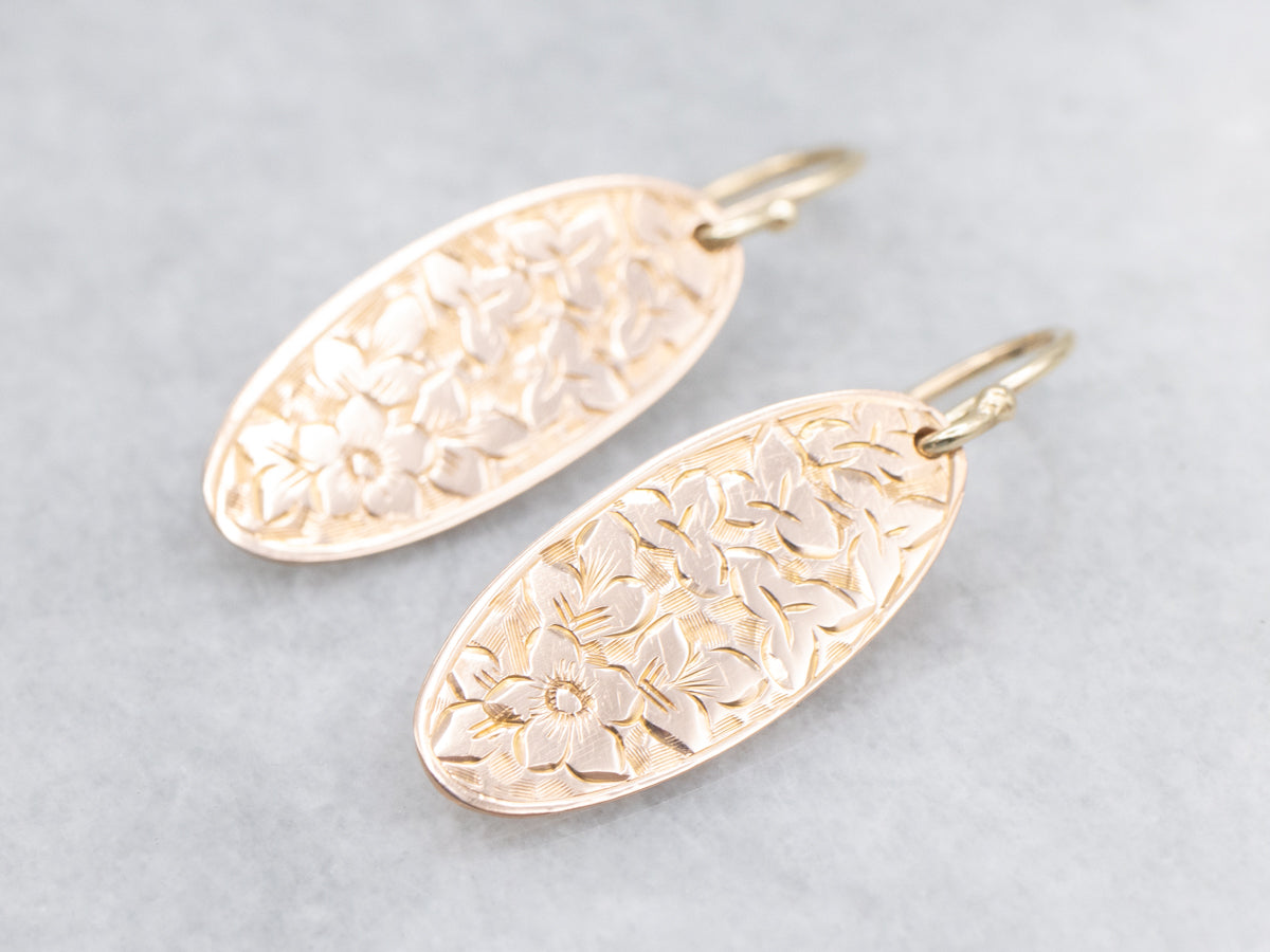 Antique Rose Gold Floral Engraved Drop Earrings