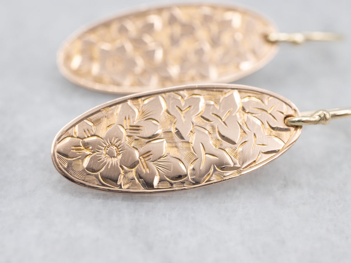 Antique Rose Gold Floral Engraved Drop Earrings