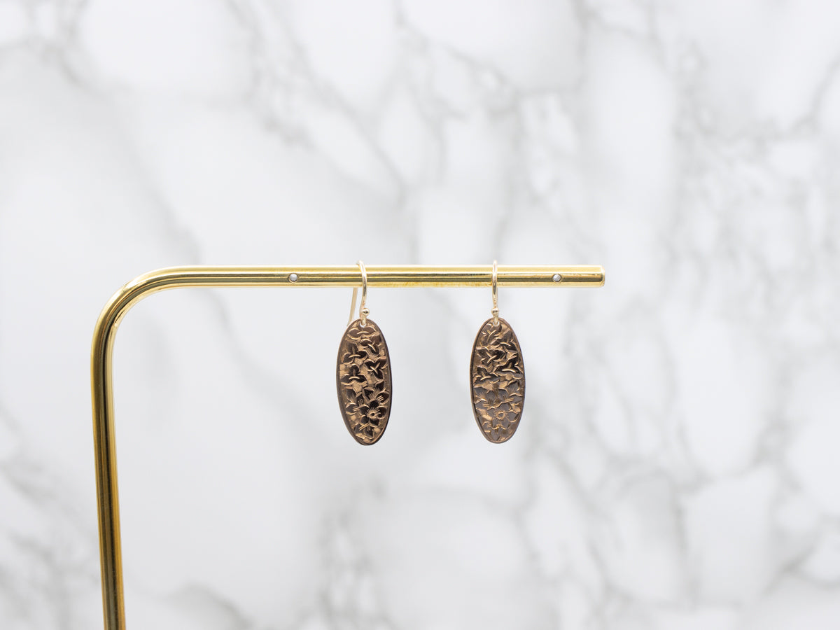 Antique Rose Gold Floral Engraved Drop Earrings