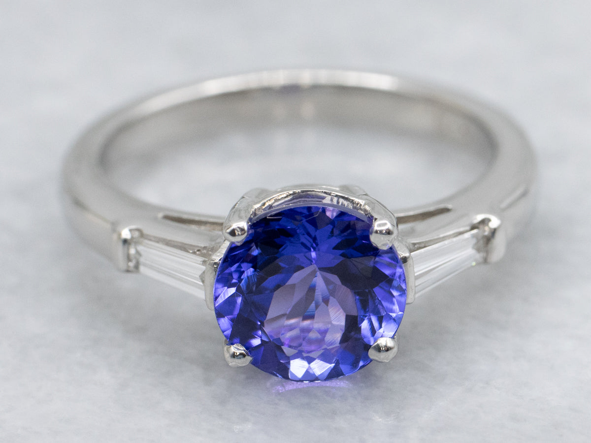 Round-Cut Tanzanite in Retro Era Platinum and Diamond Setting