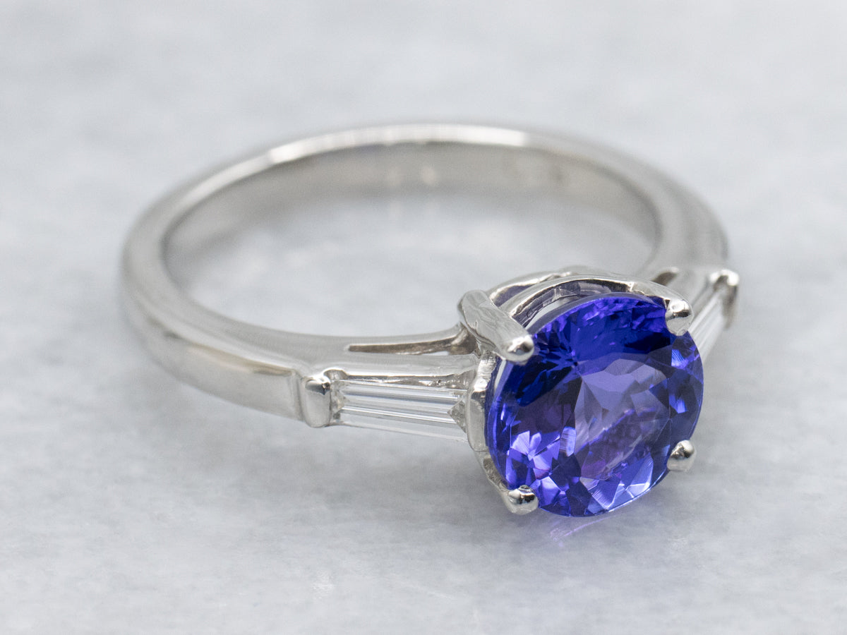Round-Cut Tanzanite in Retro Era Platinum and Diamond Setting