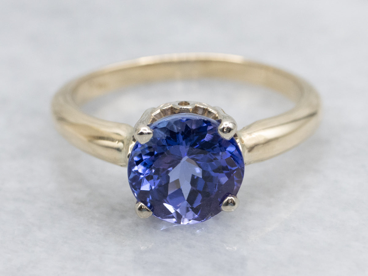 Round Cut Tanzanite Two Tone Gold Solitaire Ring