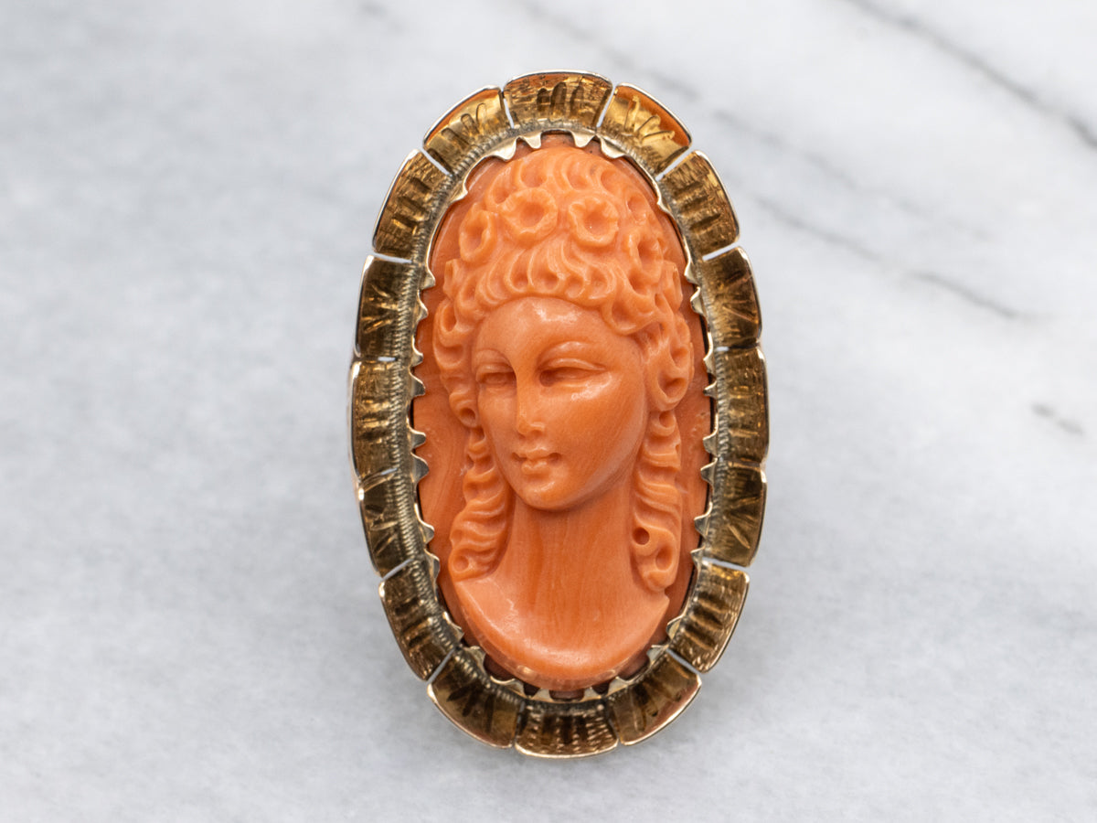 Stunning 14K Gold Coral Cameo Statement Ring