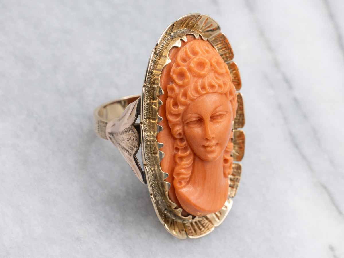 Stunning 14K Gold Coral Cameo Statement Ring