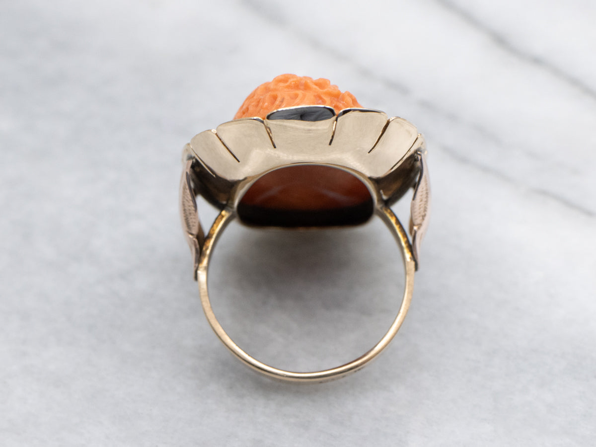 Stunning 14K Gold Coral Cameo Statement Ring