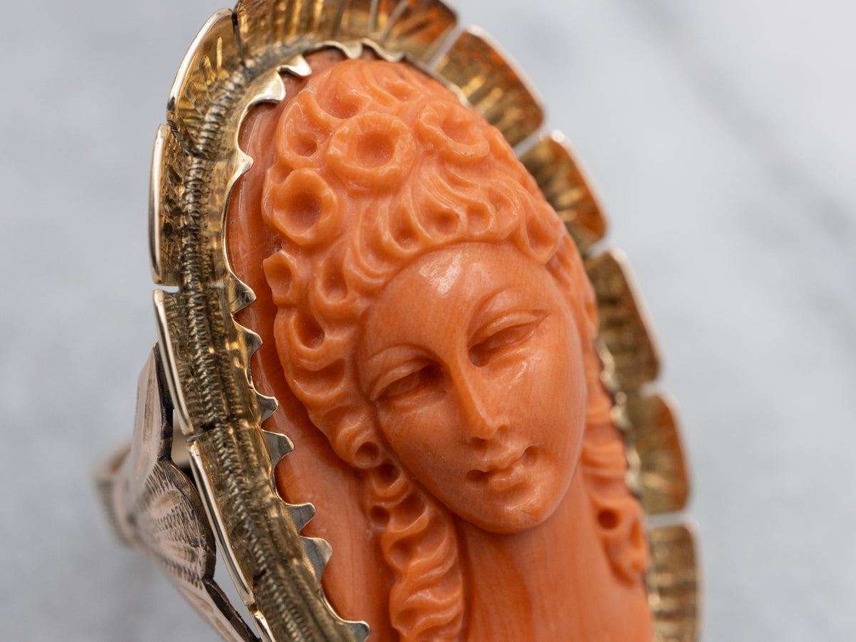Stunning 14K Gold Coral Cameo Statement Ring