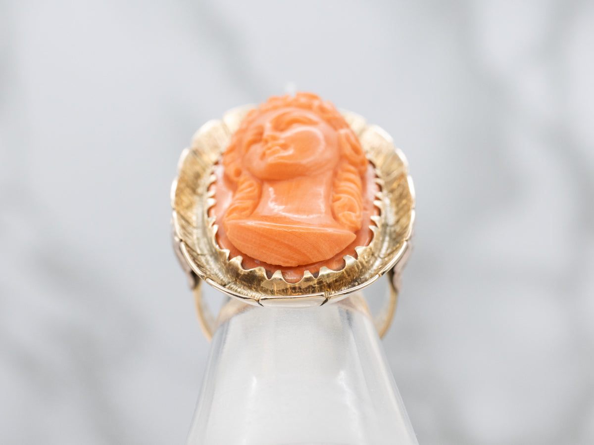 Stunning 14K Gold Coral Cameo Statement Ring