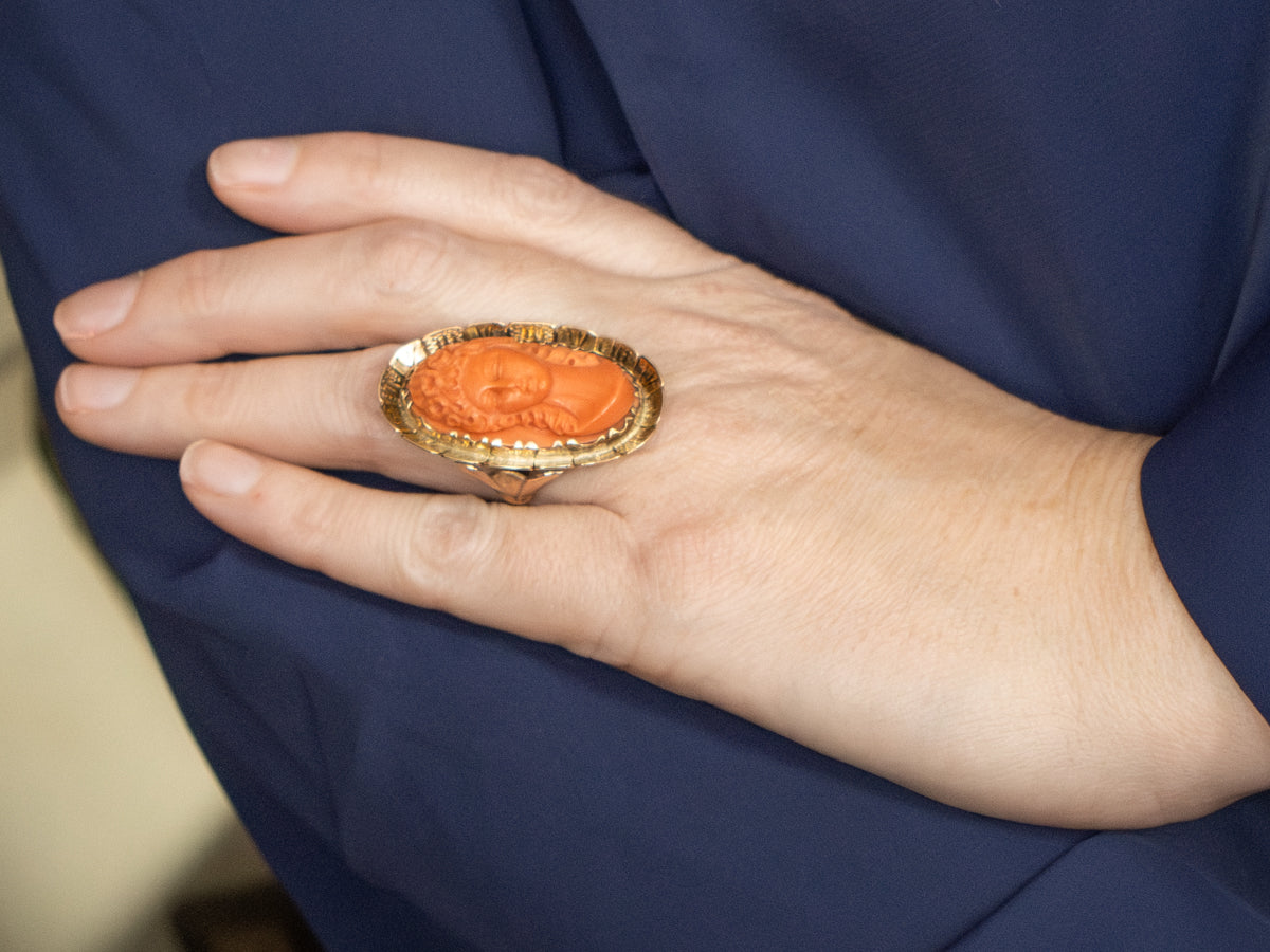 Stunning 14K Gold Coral Cameo Statement Ring