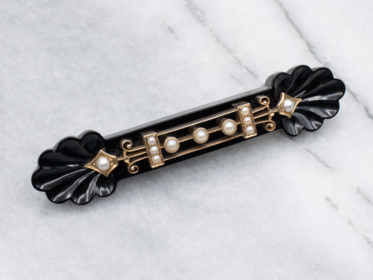 Gothic Black Onyx and Seed Pearl Victorian Era Gold Brooch