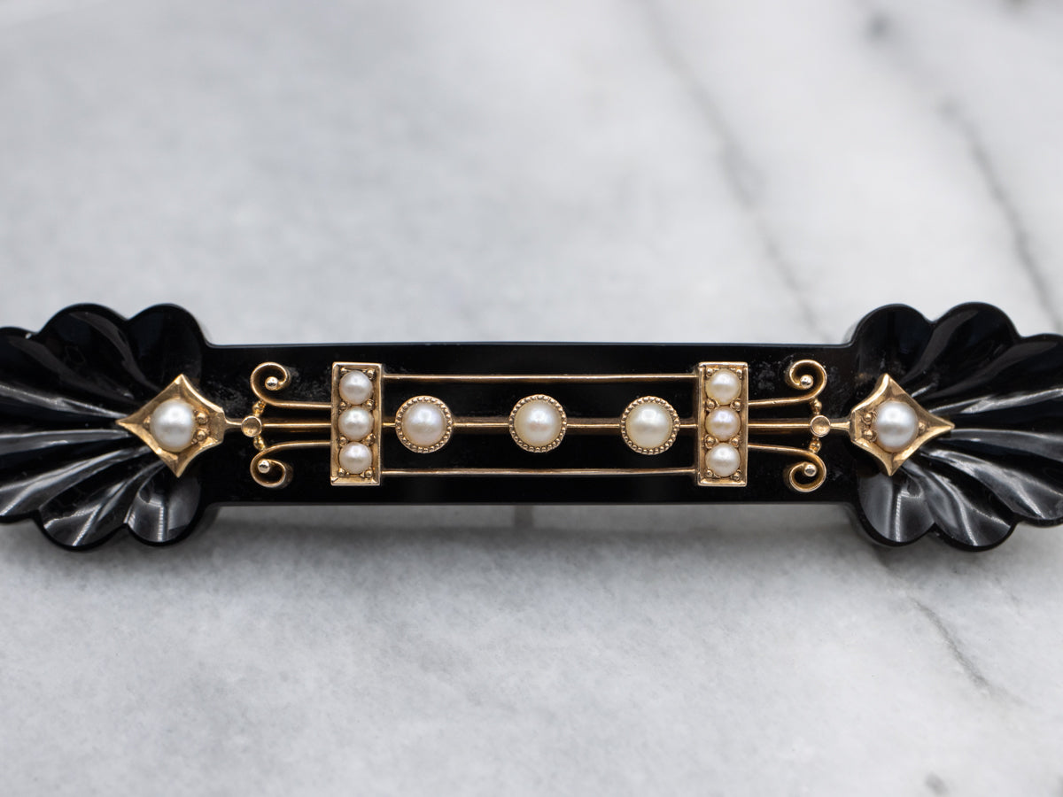 Gothic Black Onyx and Seed Pearl Victorian Era Gold Brooch