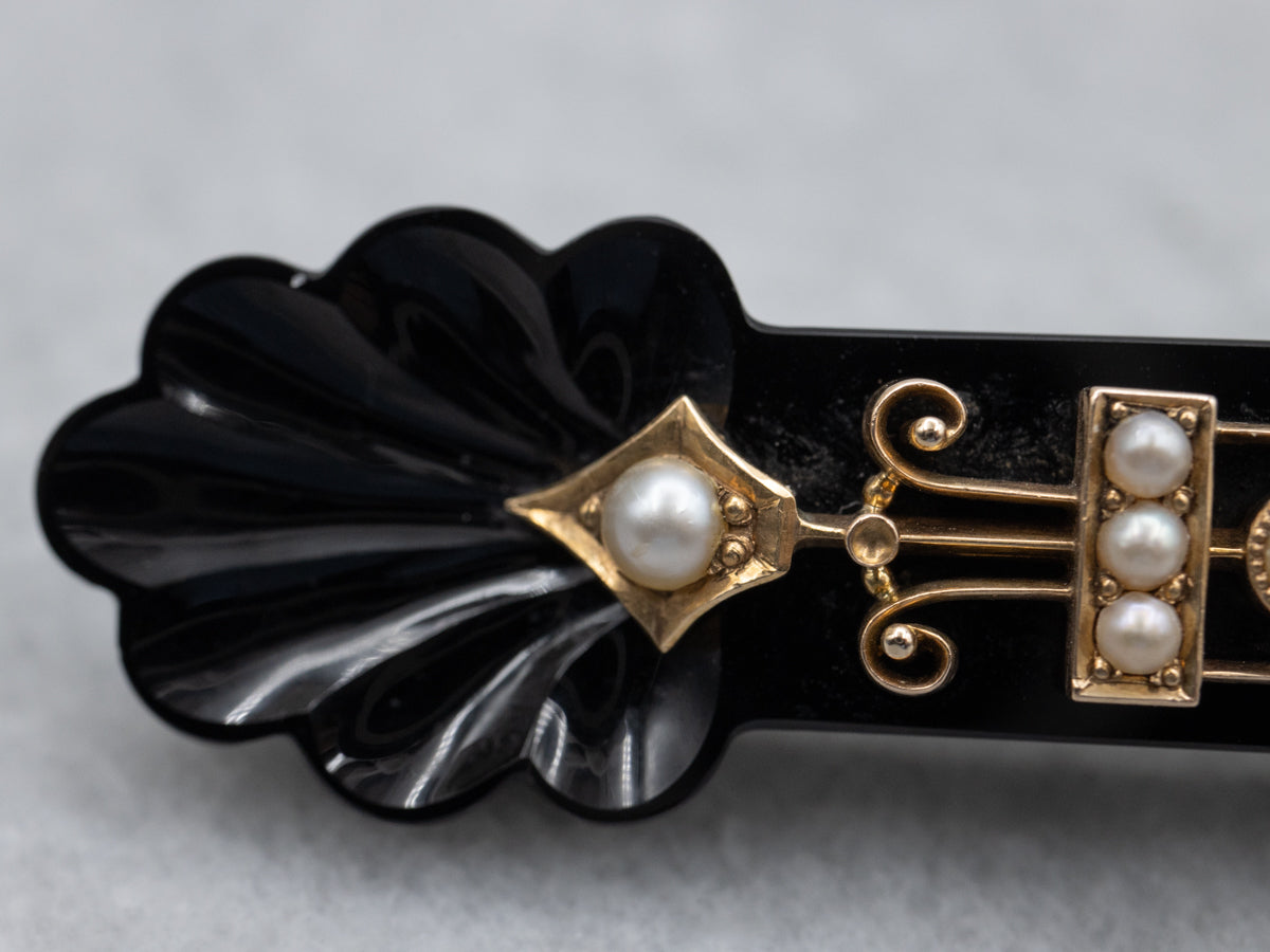 Gothic Black Onyx and Seed Pearl Victorian Era Gold Brooch