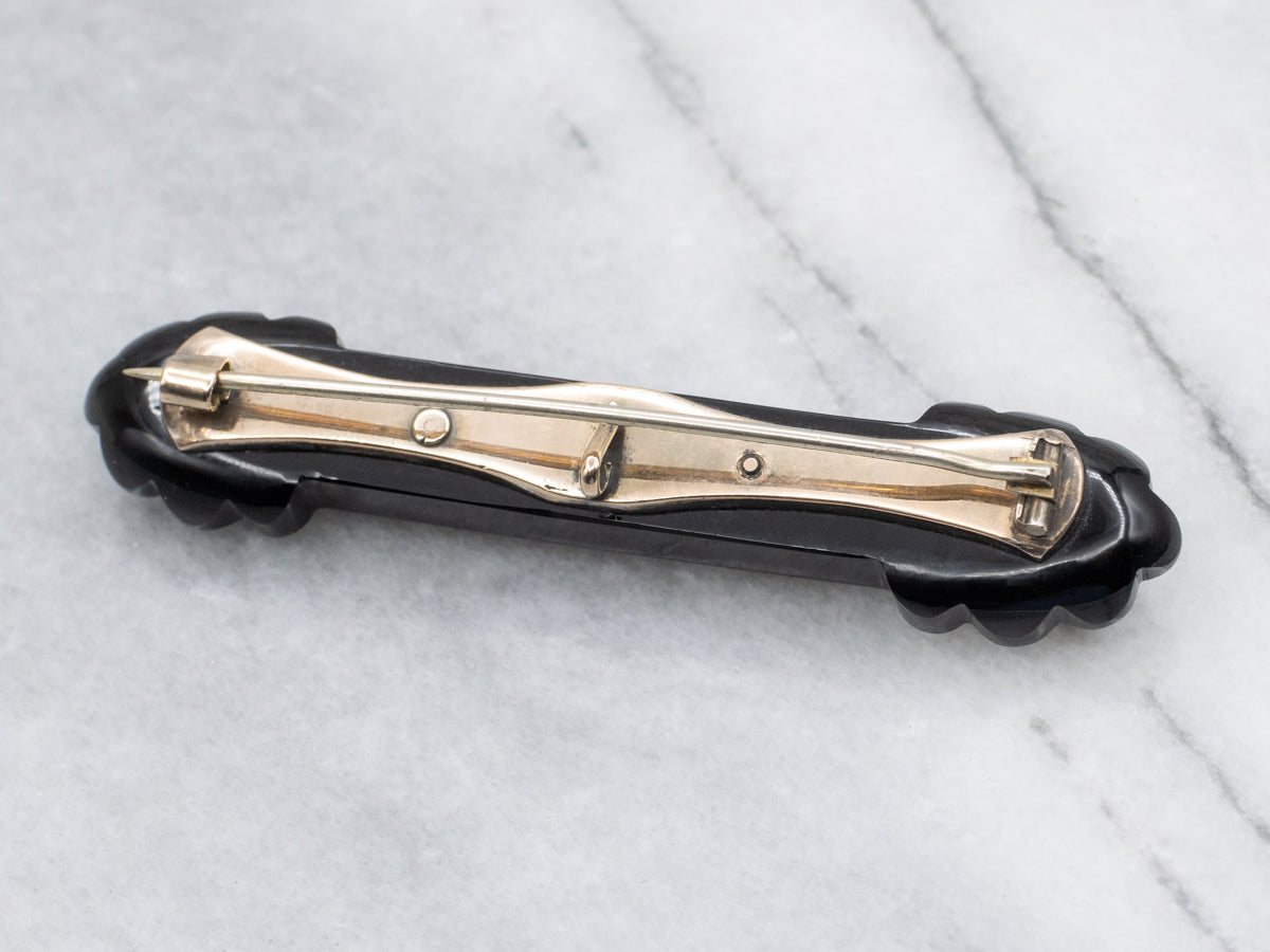 Gothic Black Onyx and Seed Pearl Victorian Era Gold Brooch