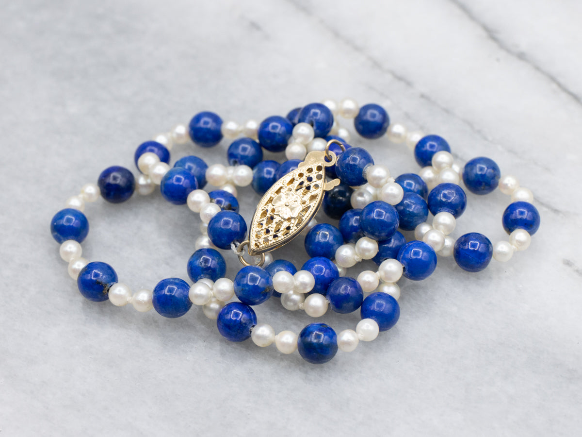 Vintage Lapis and Pearl Beaded Necklace with a Yellow Gold Clasp