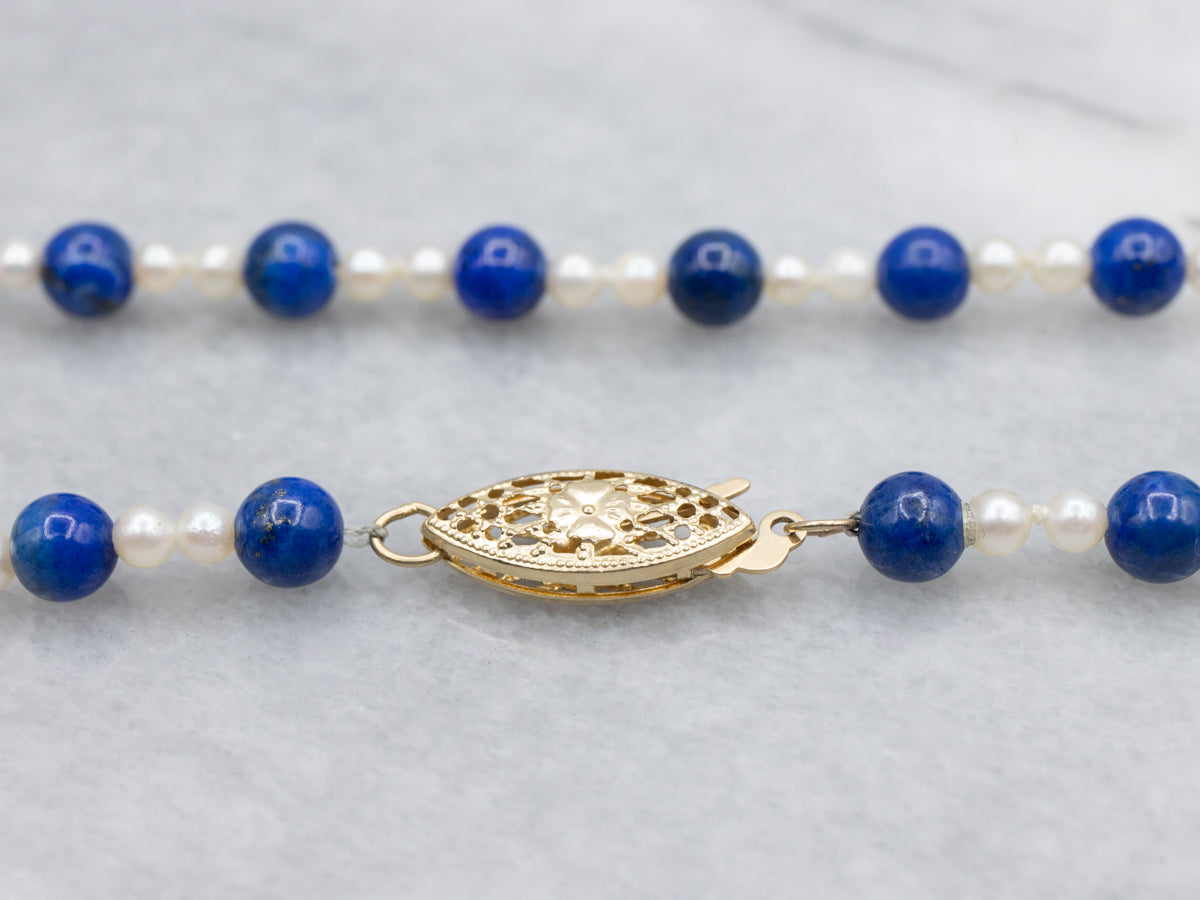 Vintage Lapis and Pearl Beaded Necklace with a Yellow Gold Clasp