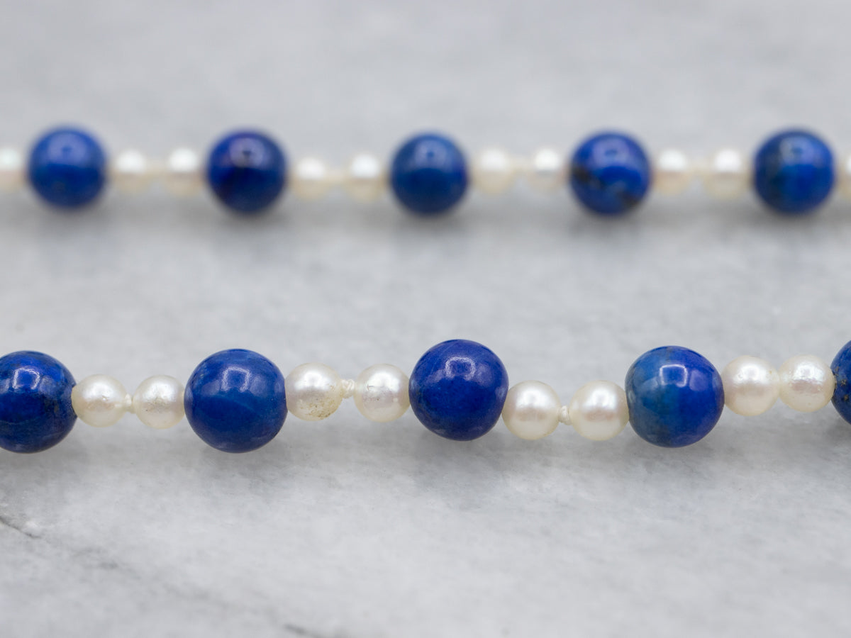 Vintage Lapis and Pearl Beaded Necklace with a Yellow Gold Clasp