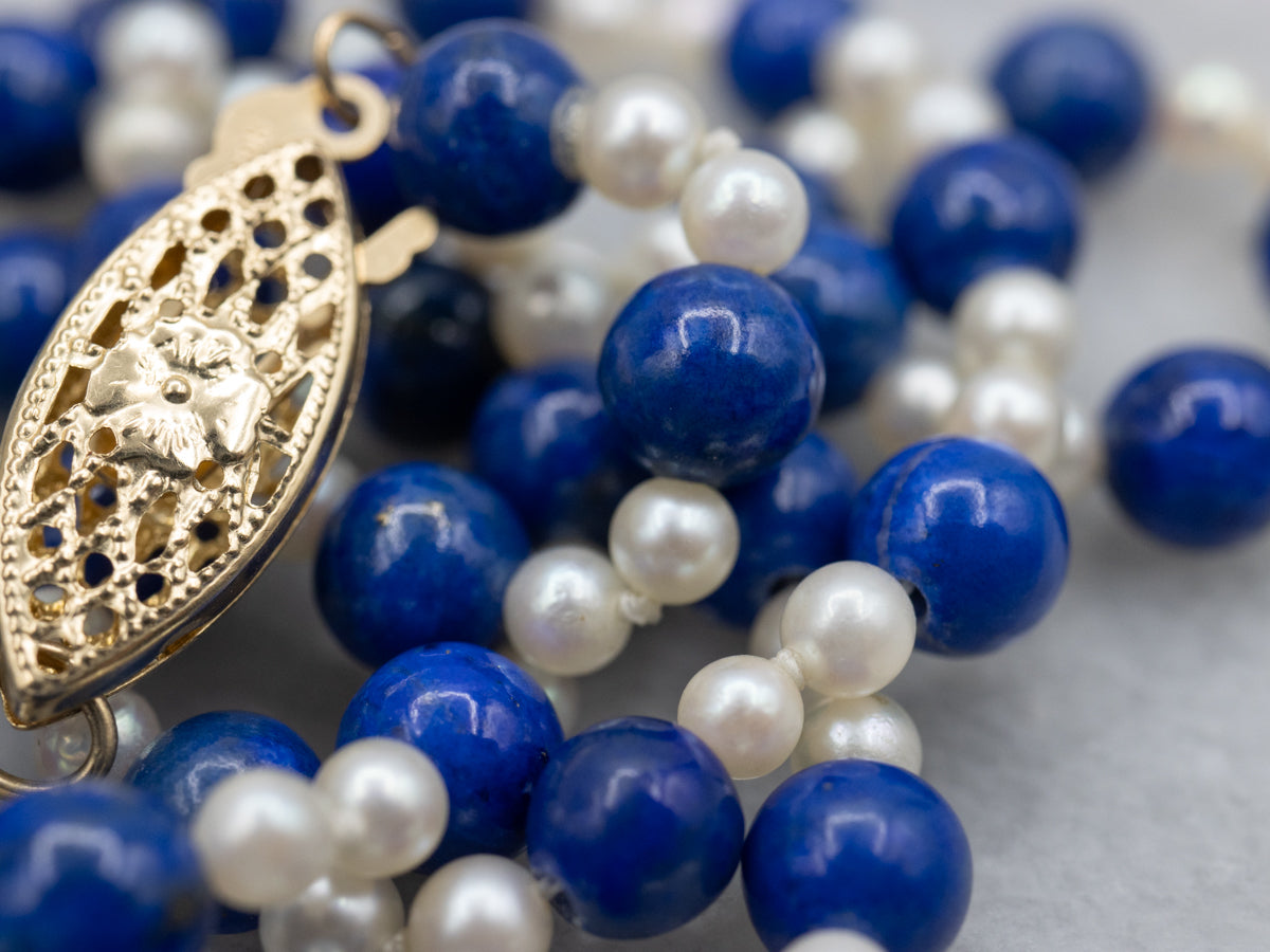 Vintage Lapis and Pearl Beaded Necklace with a Yellow Gold Clasp