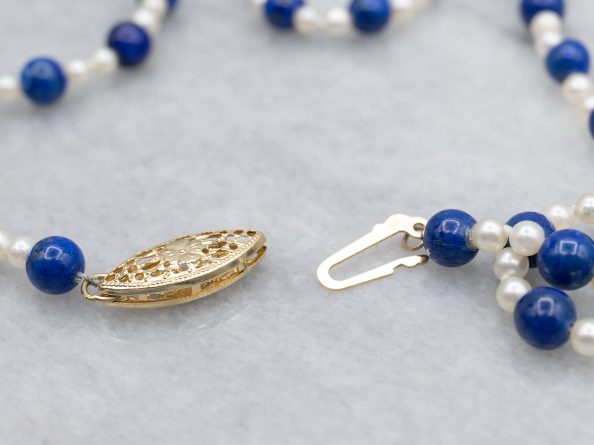 Vintage Lapis and Pearl Beaded Necklace with a Yellow Gold Clasp