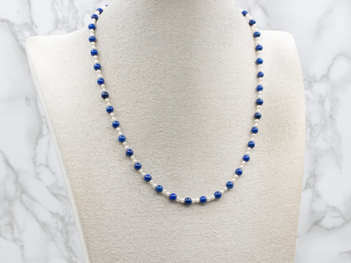Vintage Lapis and Pearl Beaded Necklace with a Yellow Gold Clasp