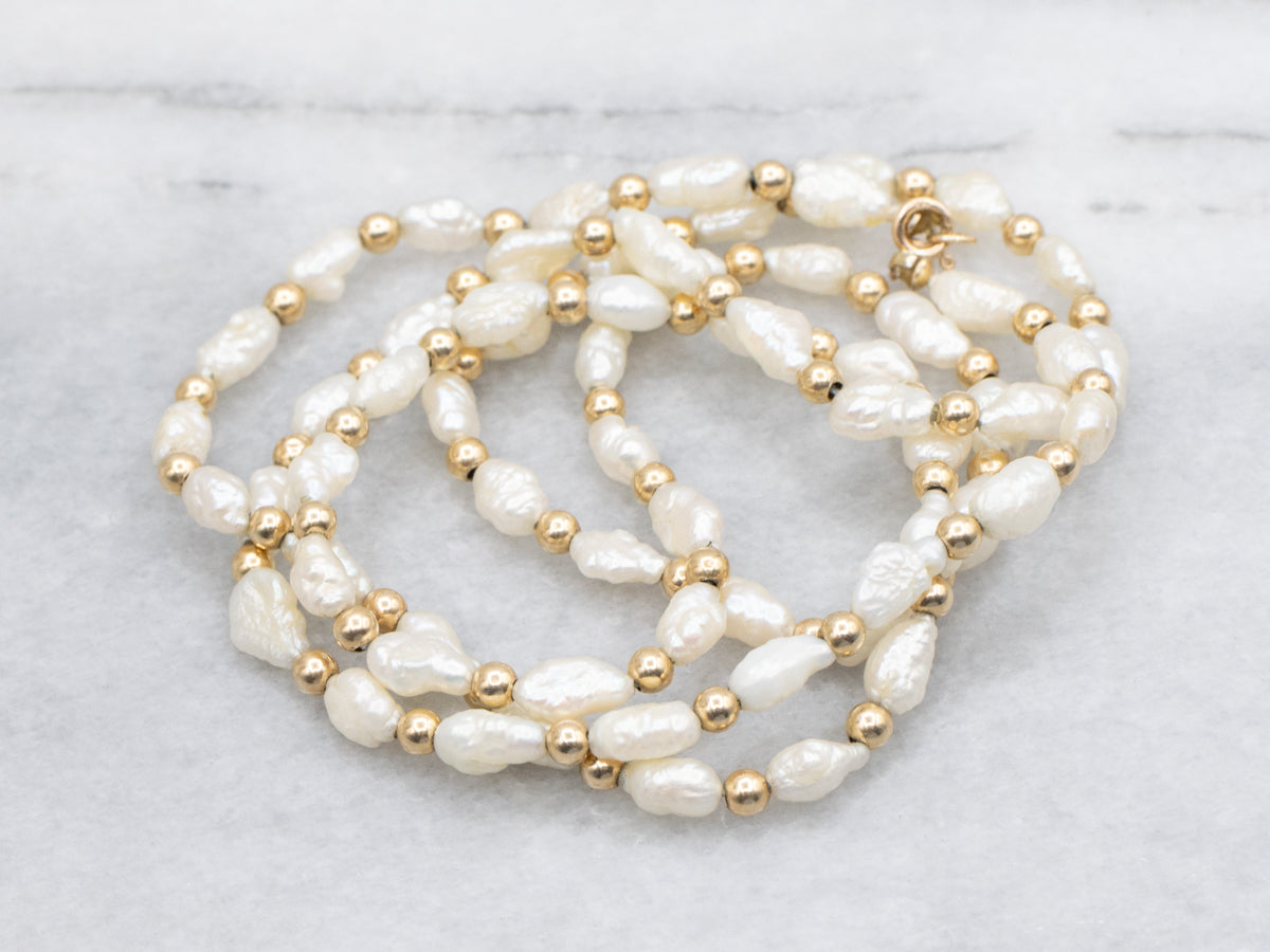 Long Freshwater Pearl and Beaded Gold Necklace
