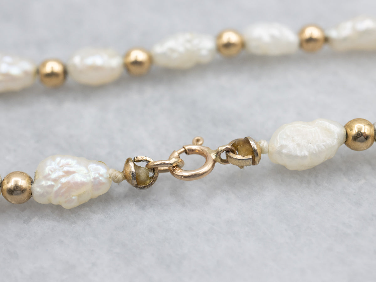 Long Freshwater Pearl and Beaded Gold Necklace