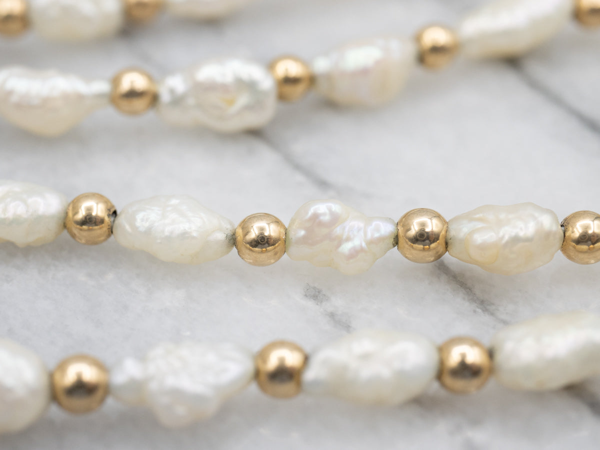 Long Freshwater Pearl and Beaded Gold Necklace
