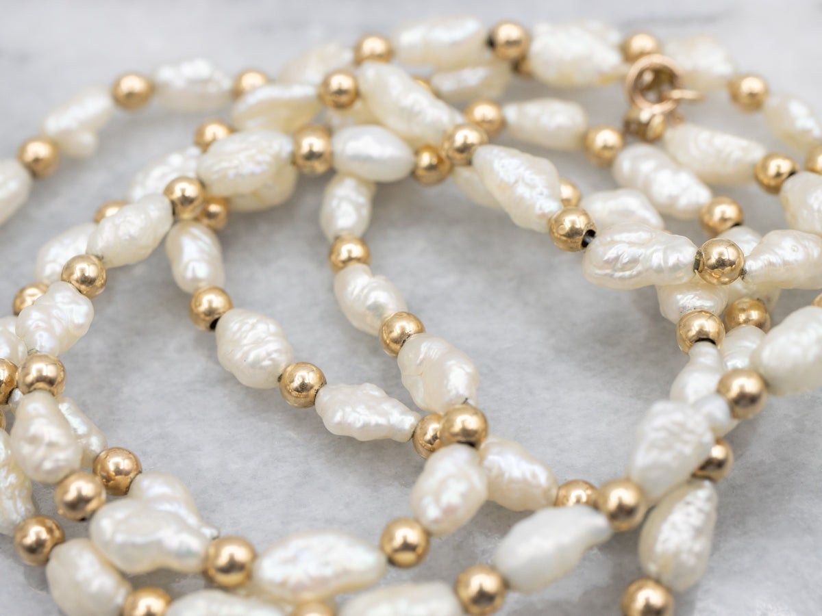 Long Freshwater Pearl and Beaded Gold Necklace