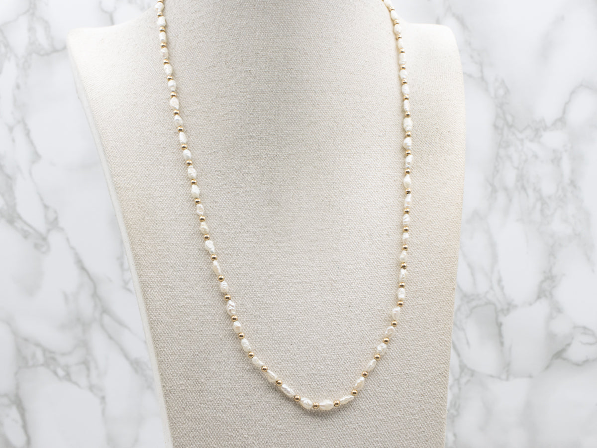 Long Freshwater Pearl and Beaded Gold Necklace