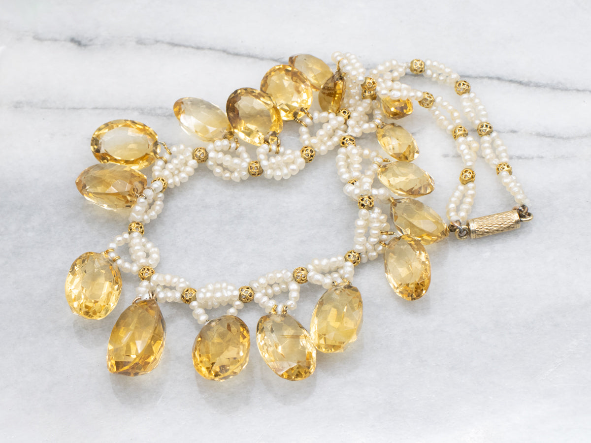 Vintage Citrine and Seed Pearl Gold Choker Necklace