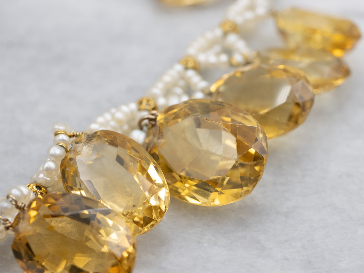 Vintage Citrine and Seed Pearl Gold Choker Necklace