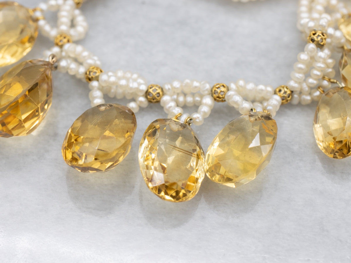 Vintage Citrine and Seed Pearl Gold Choker Necklace