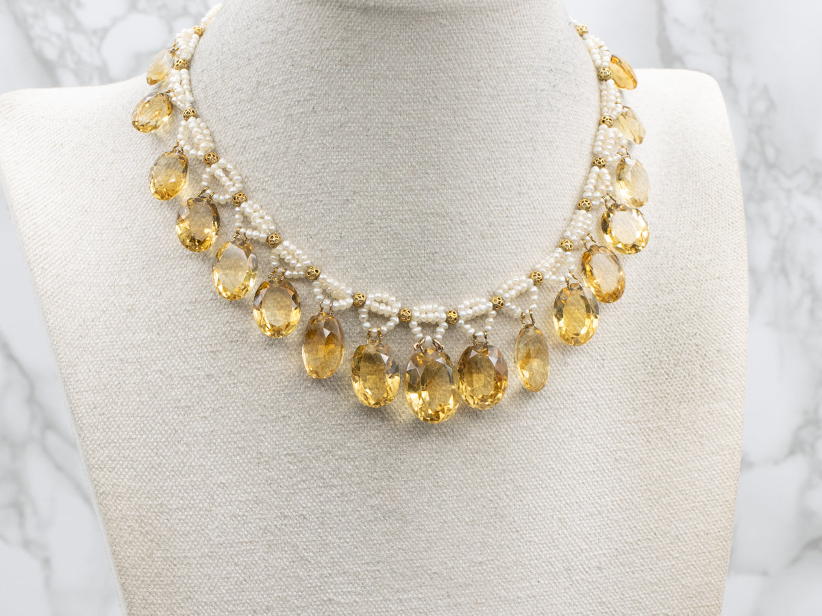 Vintage Citrine and Seed Pearl Gold Choker Necklace