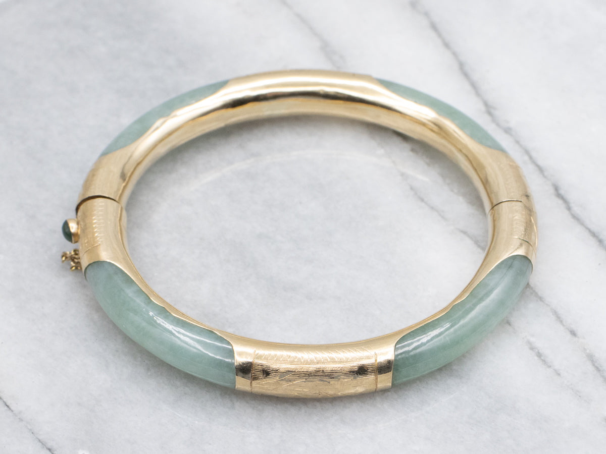 Vintage Jadeite and Gold Bangle Bracelet with Nephrite Jade and Safety Chain