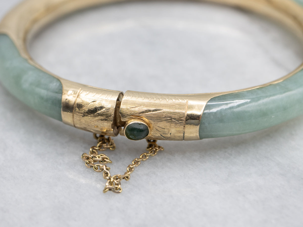 Vintage Jadeite and Gold Bangle Bracelet with Nephrite Jade and Safety Chain