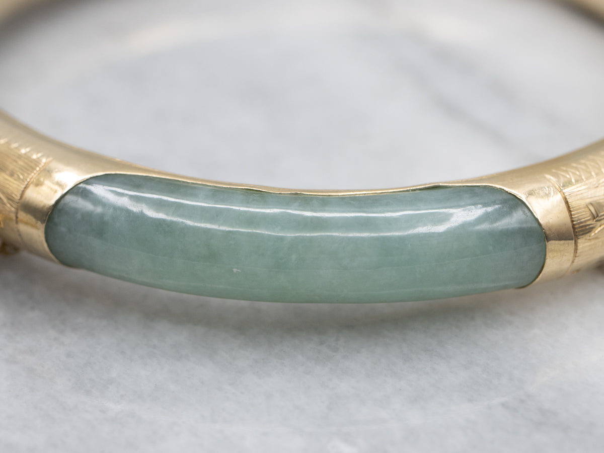 Vintage Jadeite and Gold Bangle Bracelet with Nephrite Jade and Safety Chain