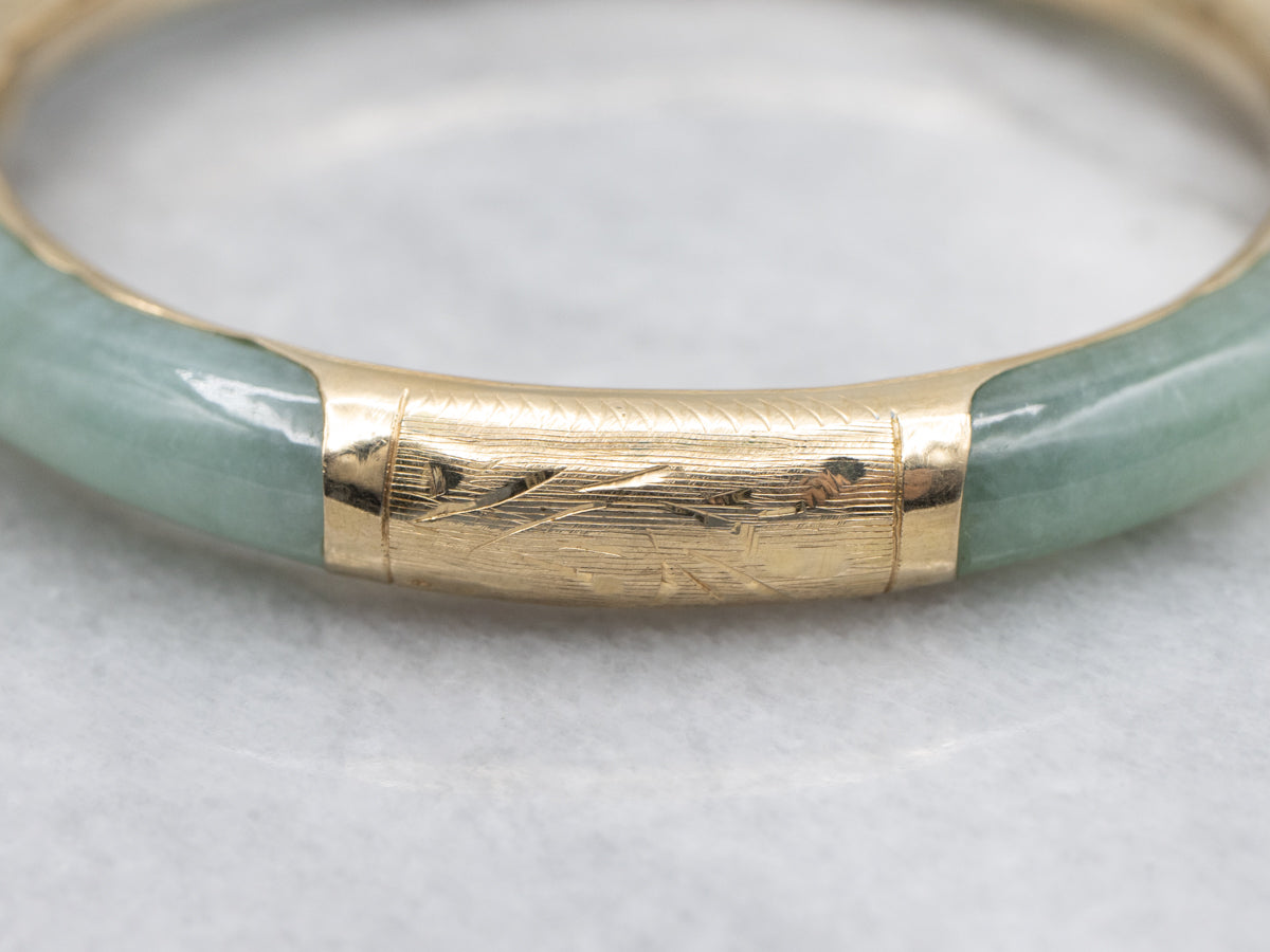 Vintage Jadeite and Gold Bangle Bracelet with Nephrite Jade and Safety Chain